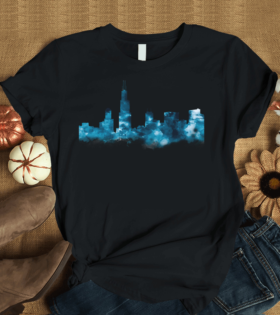 Chicago Skyline Blue Watercolor Urban Cityscape T-Shirt
