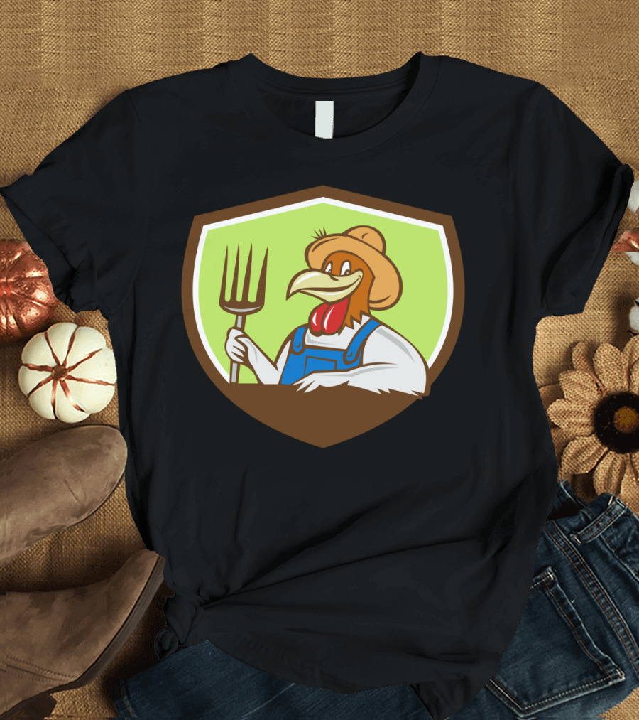 Chicken Farmer Crest with Pitchfork and Hat T-Shirt