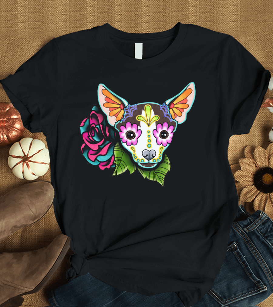 Chihuahua Sugar Skull with Rose Day of the Dead Cadaverous Cow Fiesta T-Shirt