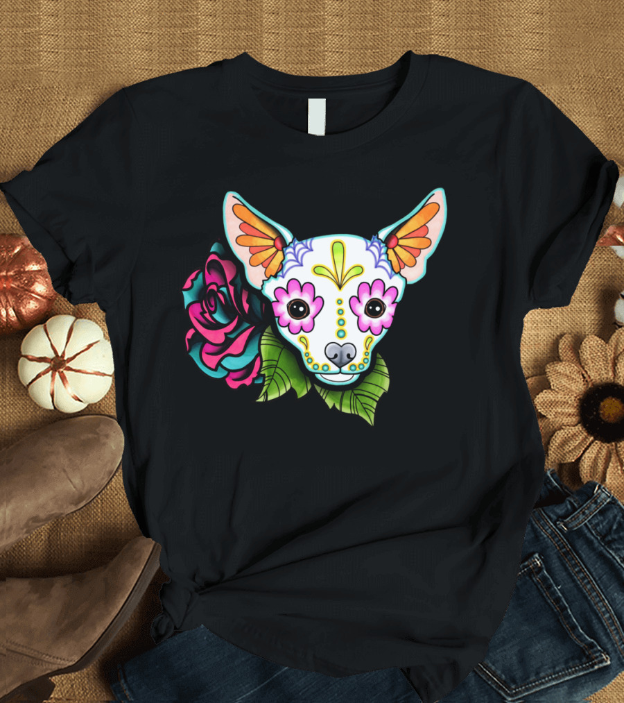 Chihuahua Day of the Dead Sugar Skull with Colorful Flower and Green Leaves T-Shirt