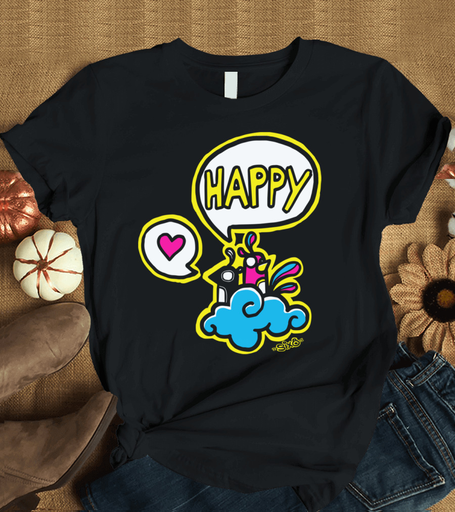HAPPY Heart Speech Bubble on Colorful Character Cloud by SiYo T-Shirt