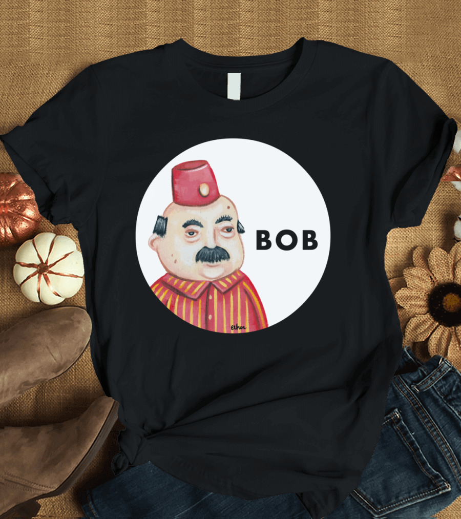 Bob Mustached Character with Red Hat and Striped T-Shirt