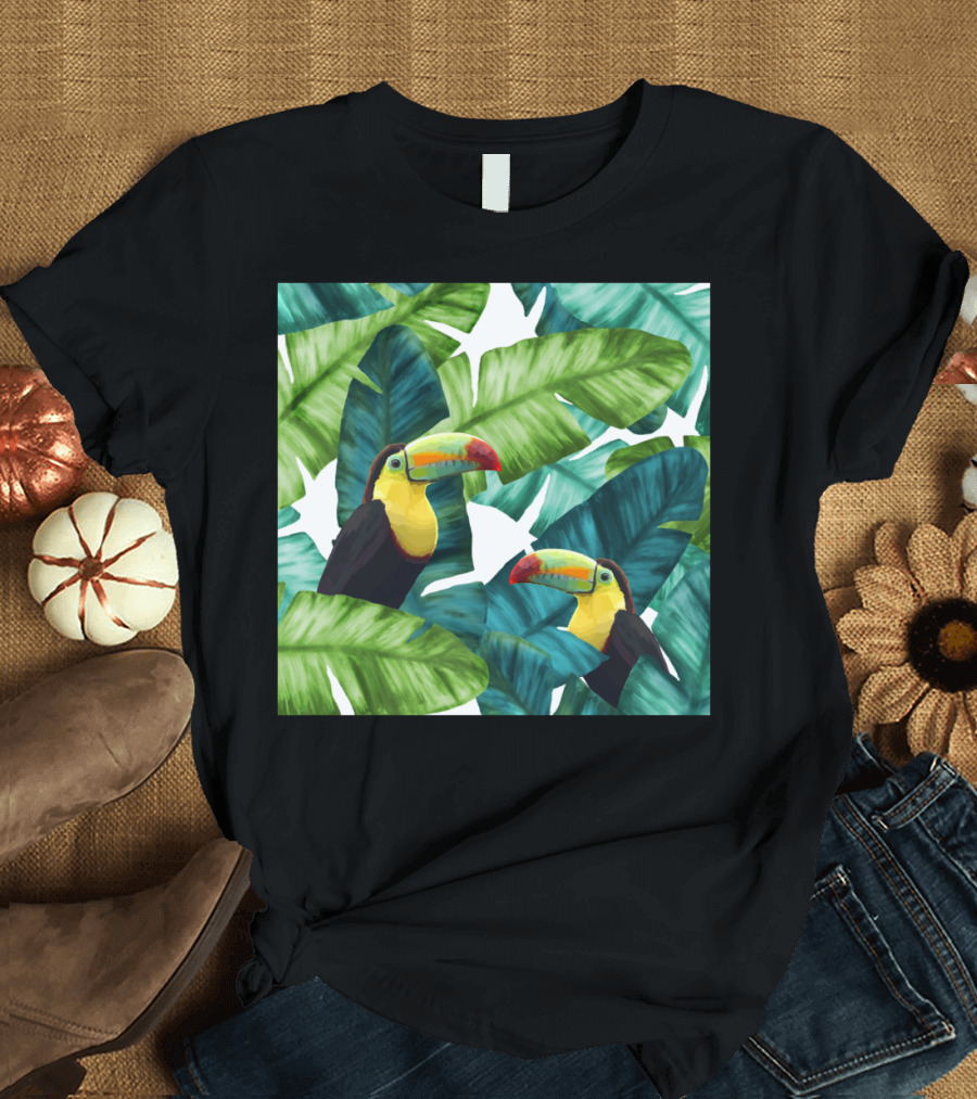 Toucans in Vibrant Tropical Banana Leaves Patter T-Shirt
