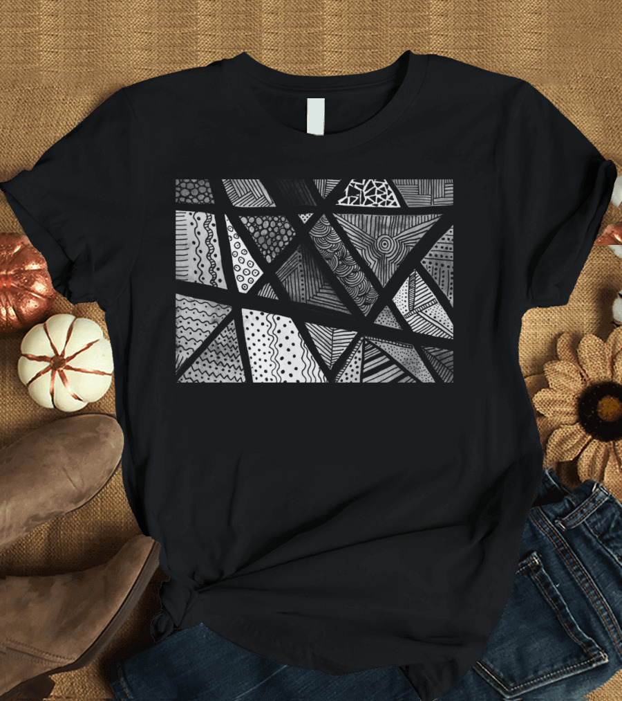 Geometric Doodle Pattern Black and White Triangular T-Shirt