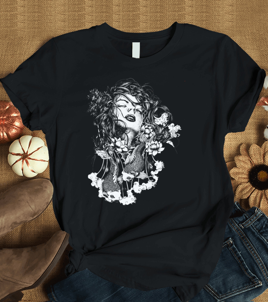 Flow T Artistic Koi Fish and Floral Woman T-Shirt