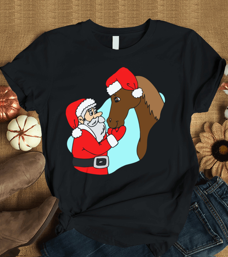 Santa Claus and Horse with Christmas Hats T-Shirt