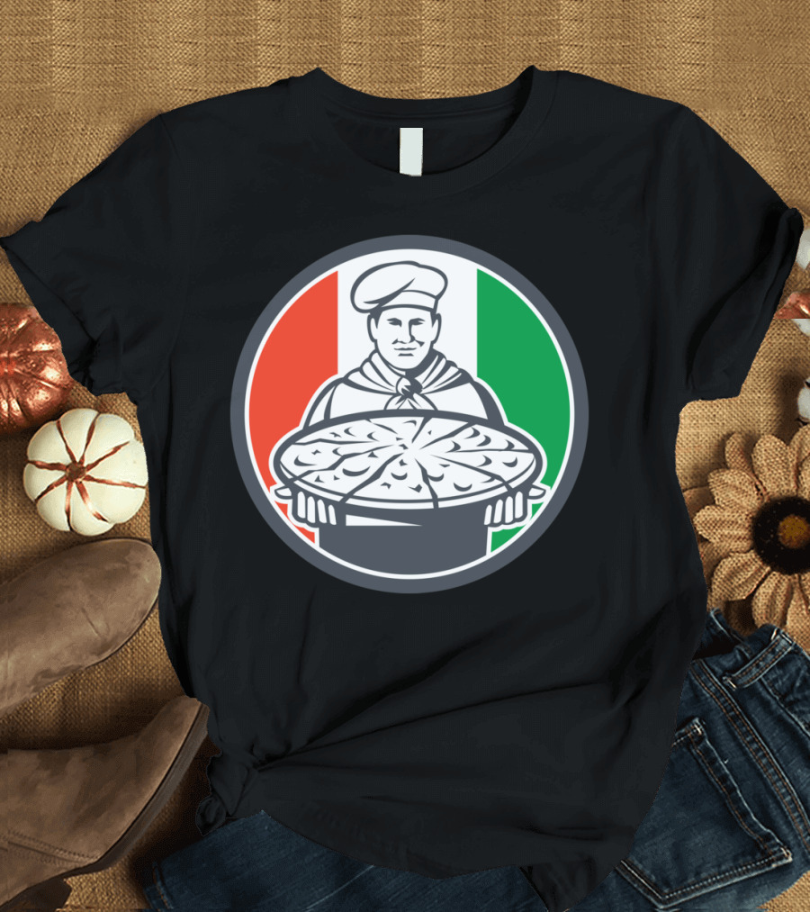 Italian Chef Cook Serving Pizza Circle Flag Background T-Shirt