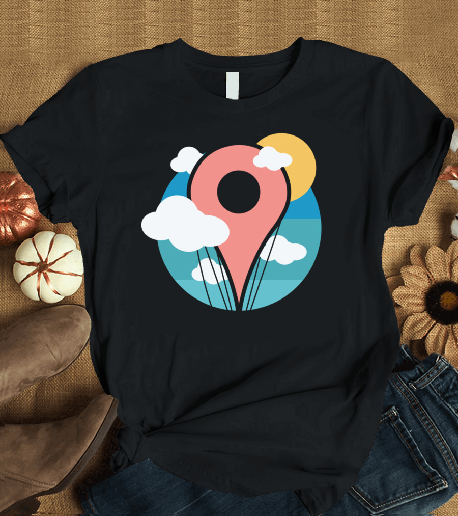 Nerdy Scenic Map Pin Hot Air Balloon Graphic with Clouds and Sun T-Shirt