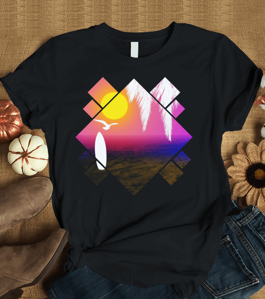 Tropical Sun, Palm Silhouette, and Surfboard Sunset Scene T-Shirt