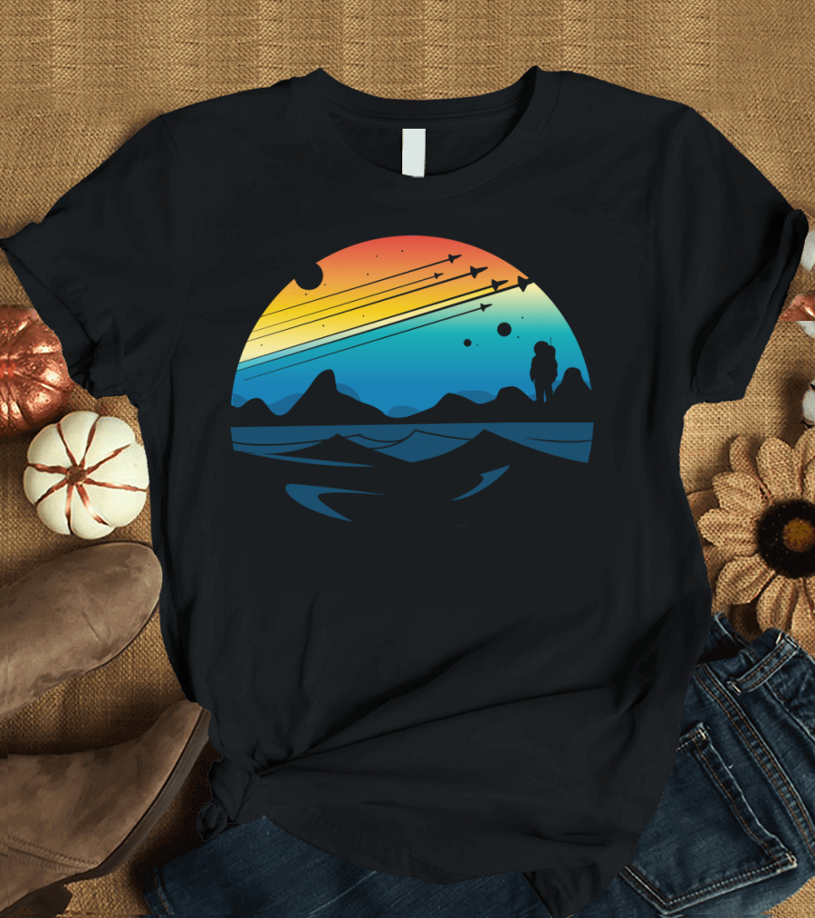 Scenic Colorful Space Shuttle Pilot View with Astronaut and Planets T-Shirt