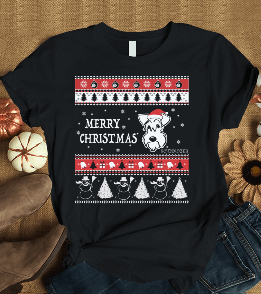 Merry Christmas Schnauzer Snowman Trees T-Shirt