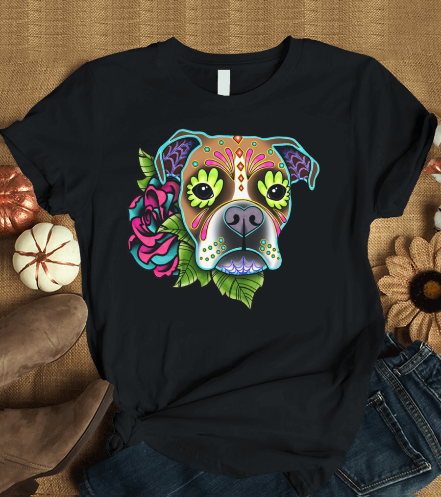 Boxer Sugar Skull Dog with Flowers Day of the Dead T-Shirt