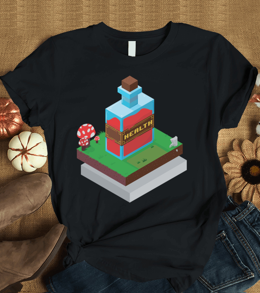 Health Potion Isometric Pixel Art with Mushrooms on Grass Block T-Shirt