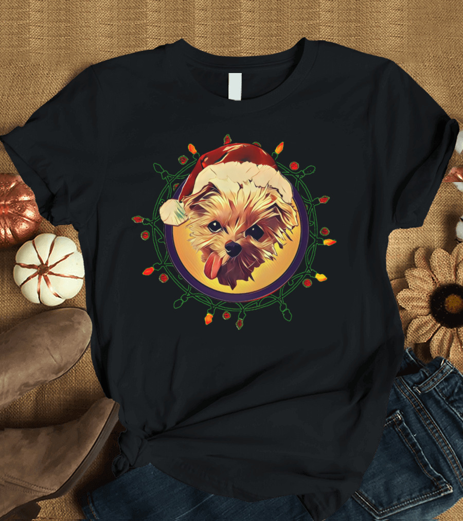 Christmas Dog in Santa Hat with Holiday Lights Border T-Shirt