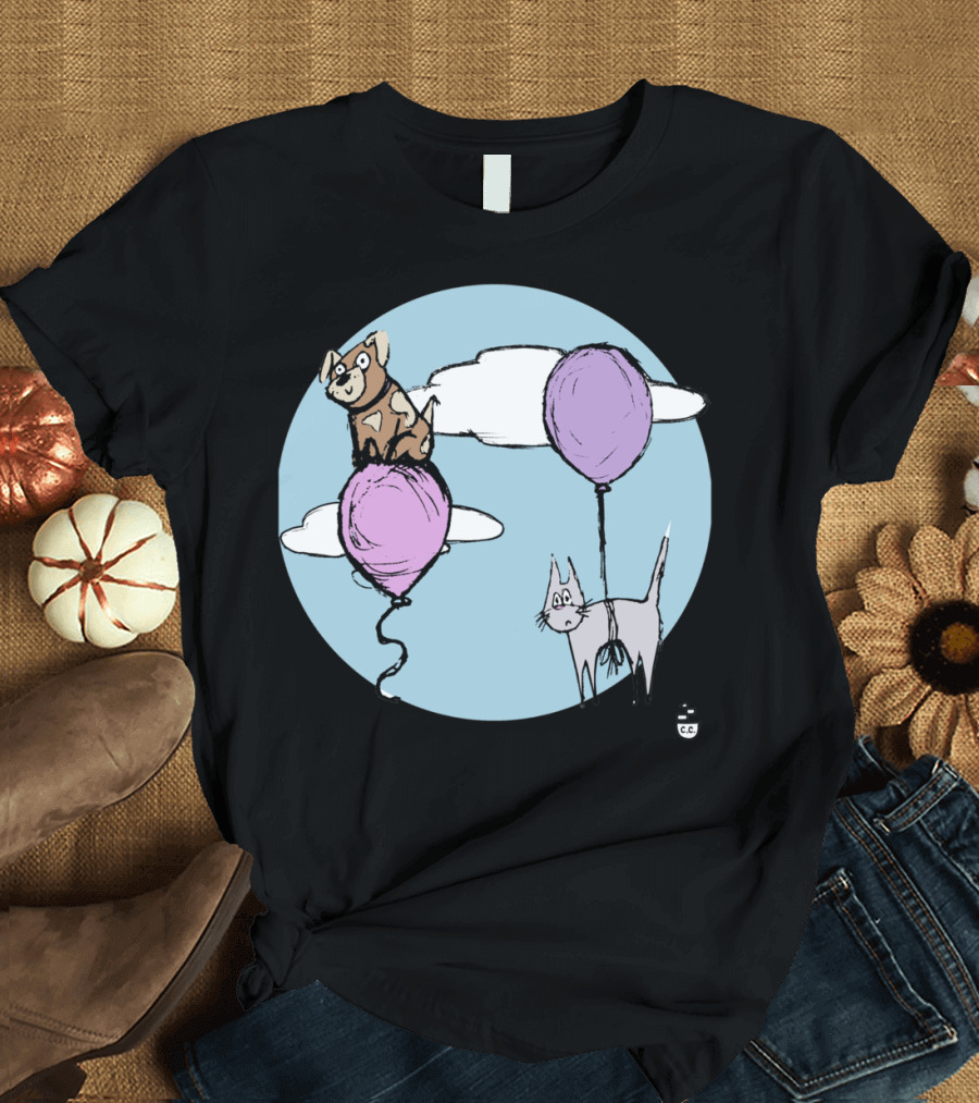 Trust And Concern Dog and Cat on Balloons in the Clouds T-Shirt