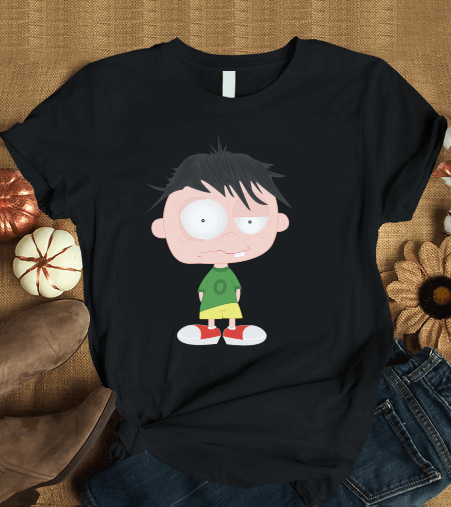 Boy in Green Shirt with Cartoon Style and Big Eyes T-Shirt