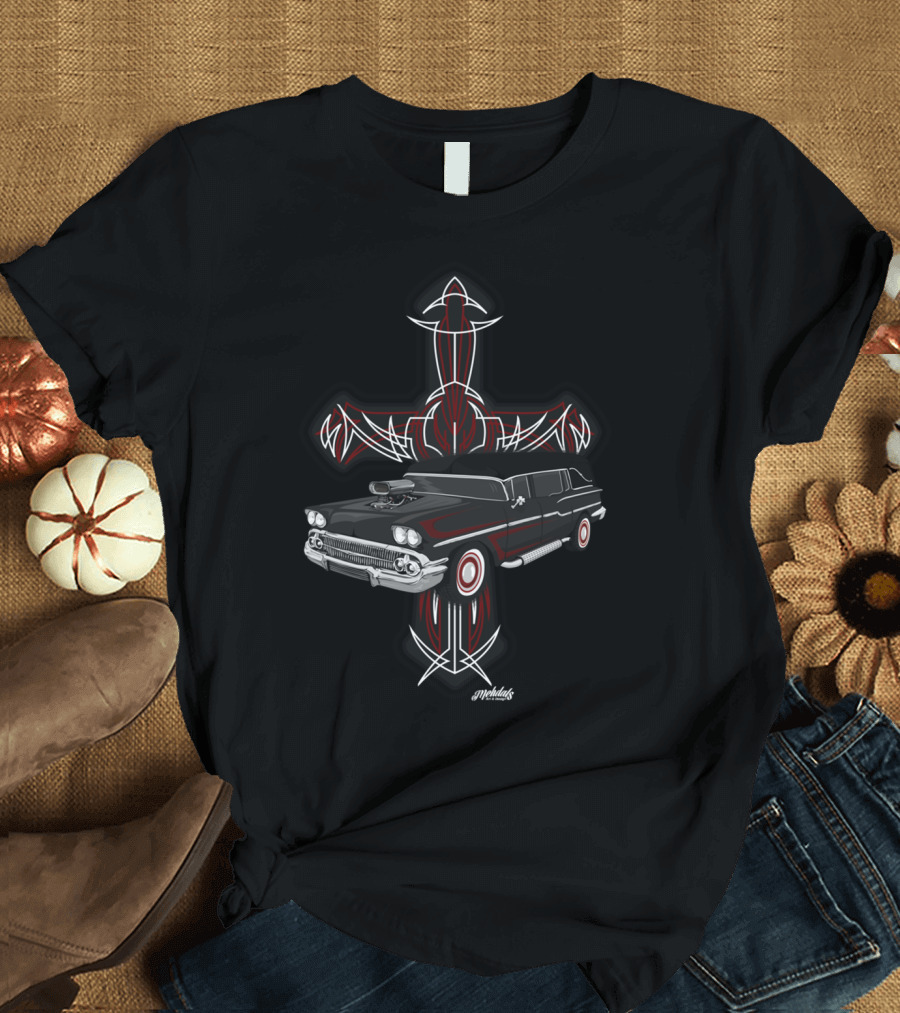 Hearse And Cross Pinstriped Gothic Motif T-Shirt