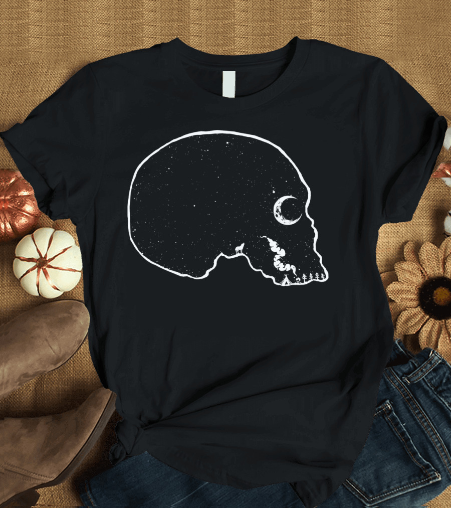 Night Camp Skull with Moon and Tent Landscape Scene T-Shirt