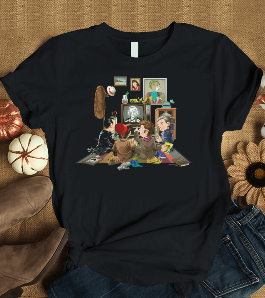 50 Years Of The Doctor Nostalgic Room Collection with Iconic Outfits and Classic TV Scene T-Shirt