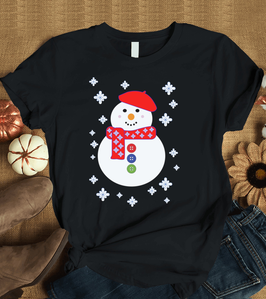 Christmas Snowman with Red Beret and Scarf Surrounded by Snowflakes T-Shirt