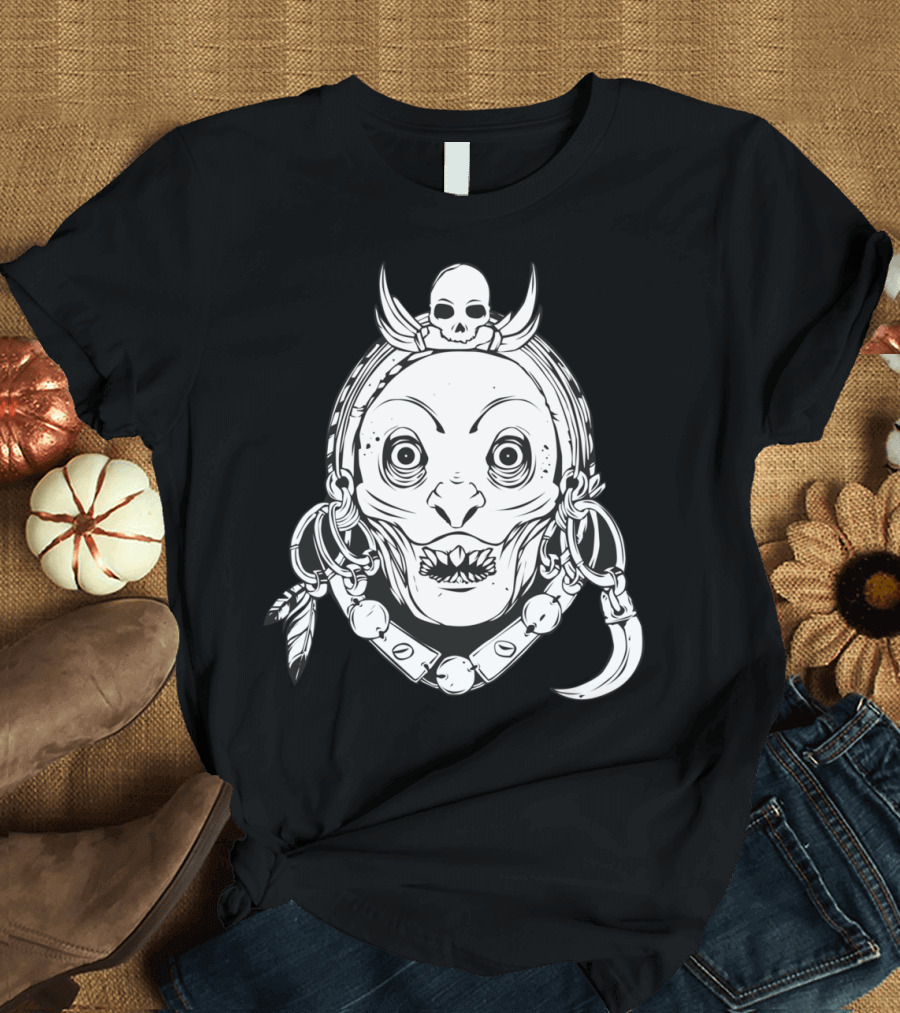 Nikatara Tribal Skull Mask with Bone and Feather Details T-Shirt