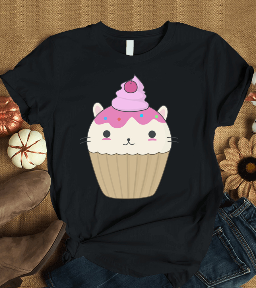 Cute Kawaii Cat Cupcake with Cherry and Sprinkles T-Shirt