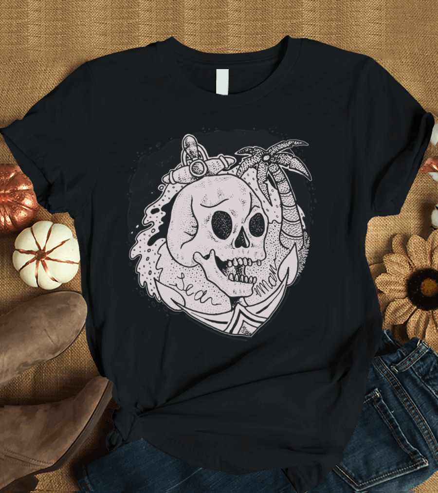 Sea Man Tattoo Skull with Pirate Hat and Tropical Palms T-Shirt
