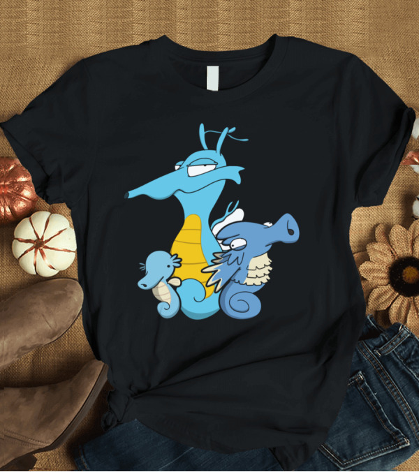 T-Shirt: Seahorseysr Cartoon Style Seahorse Trio with Blue and Yellow Characters T-Shirt Seahorseysr Cartoon Style Seahorse Trio with Blue and Yellow Characters T-Shirt