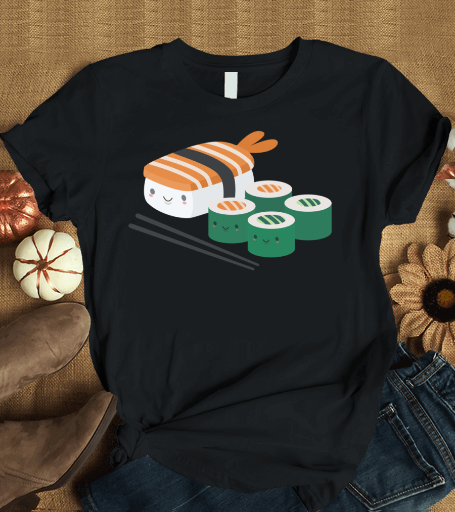 Cute And Kawaii Sushi Happy Nigiri And Maki Rolls T-Shirt