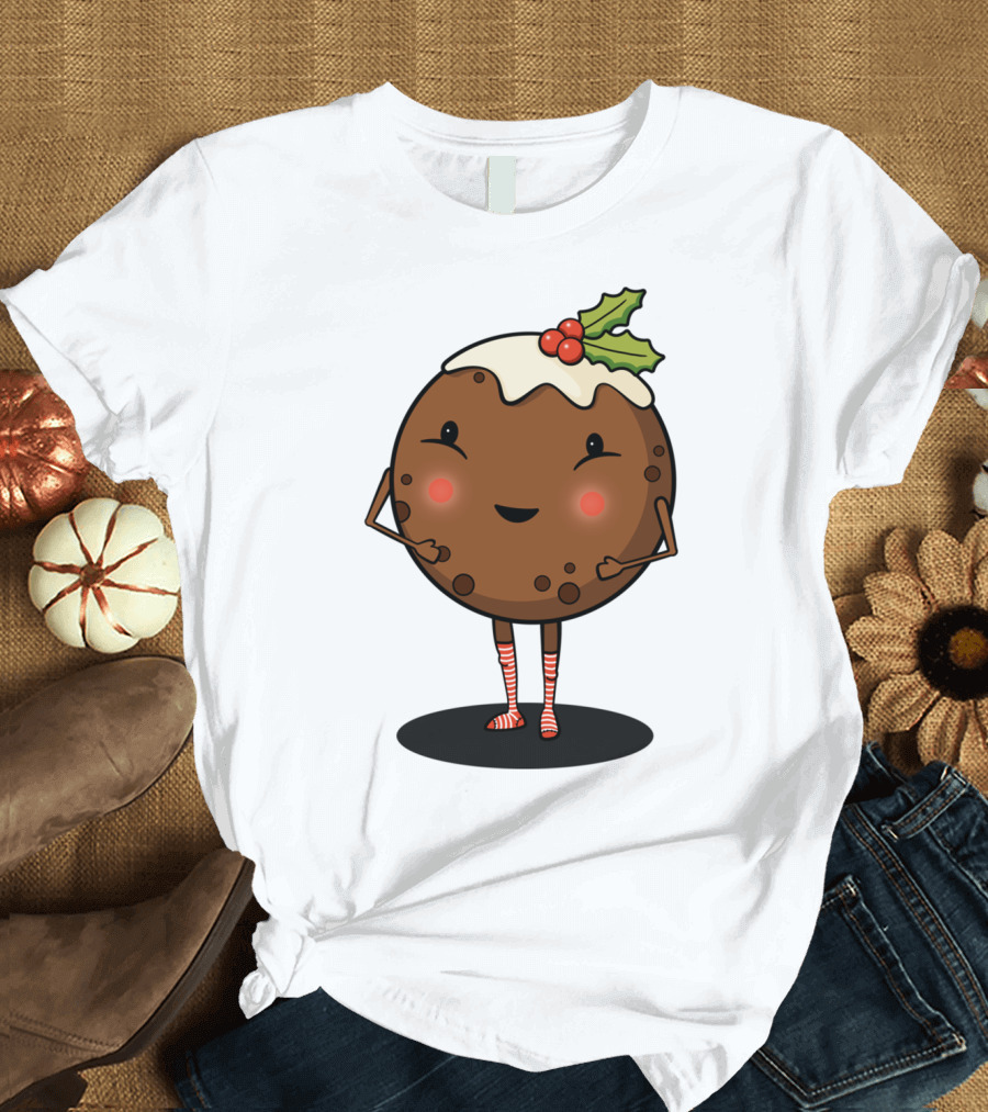 Just Pudding It Out There Festive Christmas Dessert Character with Holly and Candy Cane Stripes T-Shirt