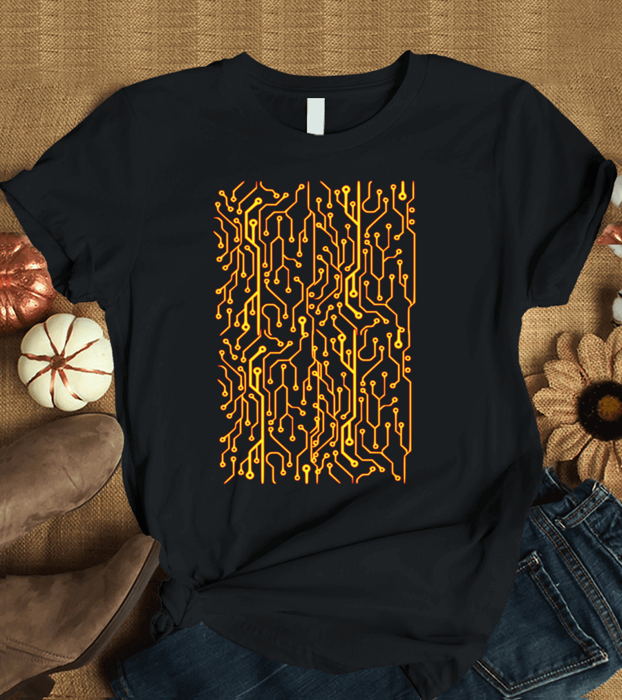 Circuit Board Pattern Yellow and Black T-Shirt