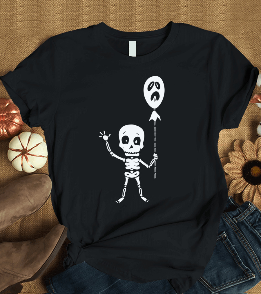 Skeleton Waves with Ghost Balloon Spooky T-Shirt