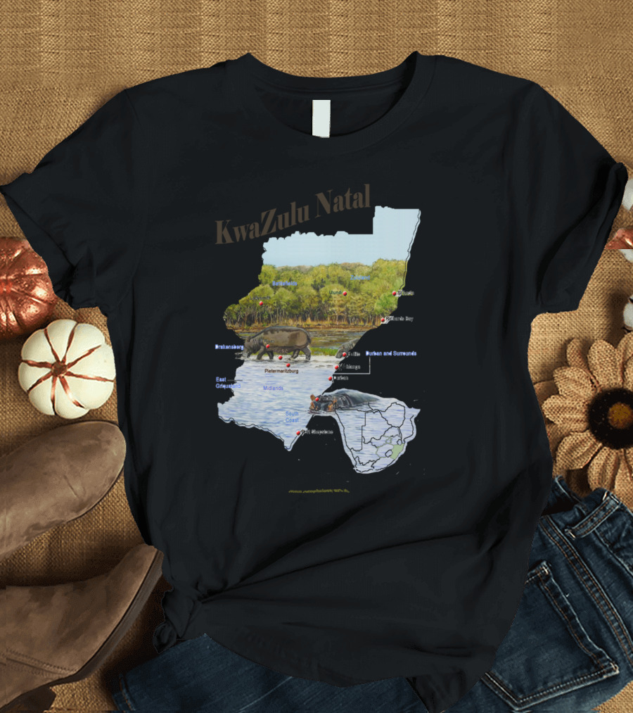 KwaZulu Natal Map with Wildlife and Cities T-Shirt