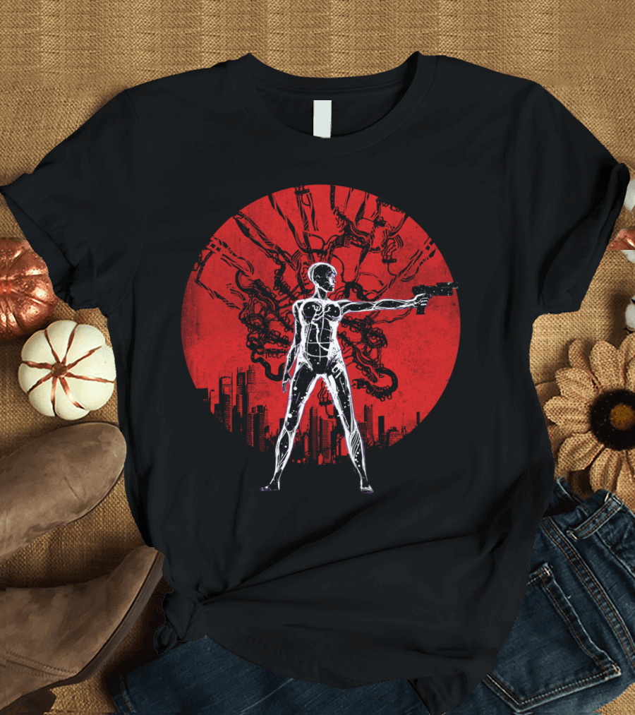 Ghost In The Machine Sci-Fi Cybernetic Warrior Against Red Cityscape Circle T-Shirt