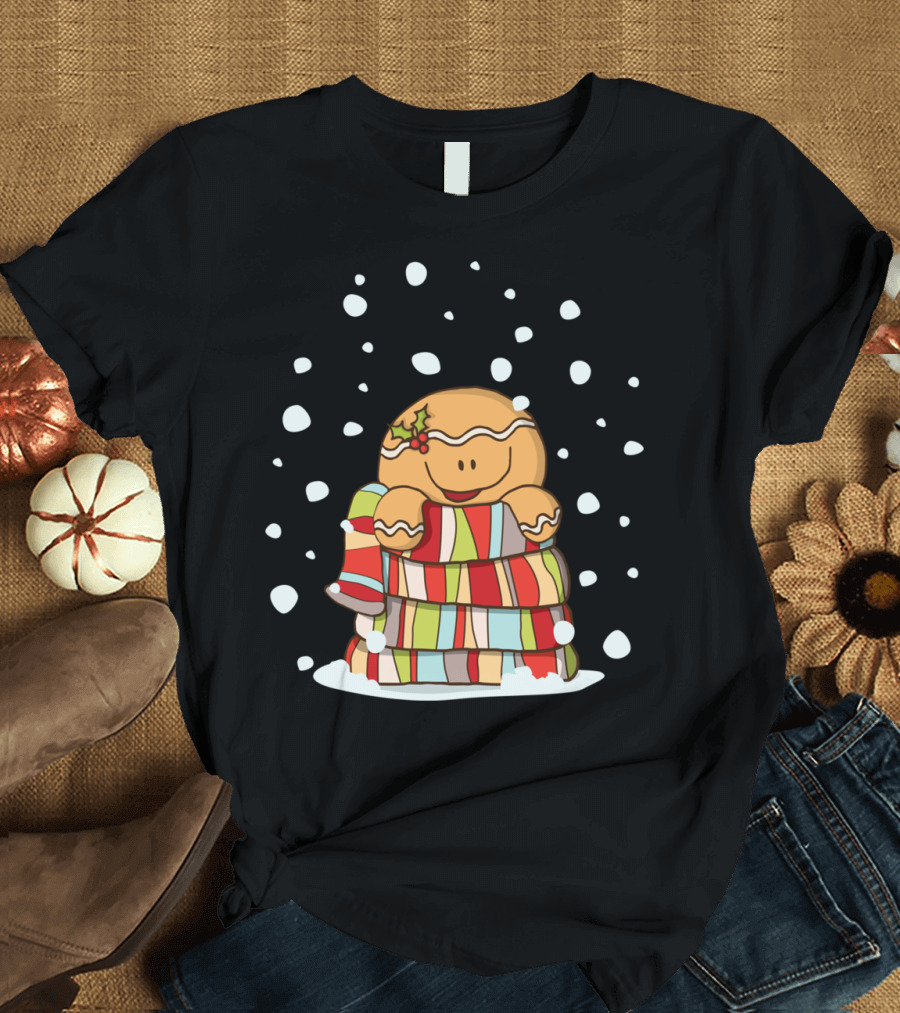 Gingerbread Man Cookie with Colorful Blanket and Snowflakes Warm Wishes T-Shirt