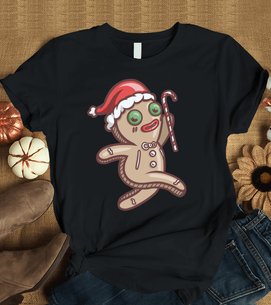 Gingerbread Man Santa Hat Candy Cane T-Shirt