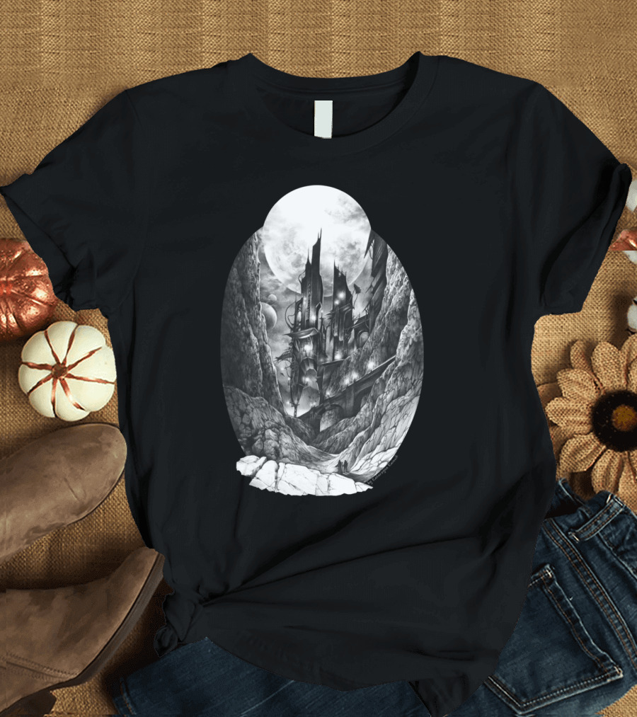 City In The Far Future: Futuristic Skyline with Towering Structures and Rocky Landscape T-Shirt