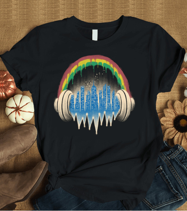 T-Shirt: City of Music Skyline Headphones with Rainbow Sound Waves T-Shirt City of Music Skyline Headphones with Rainbow Sound Waves T-Shirt