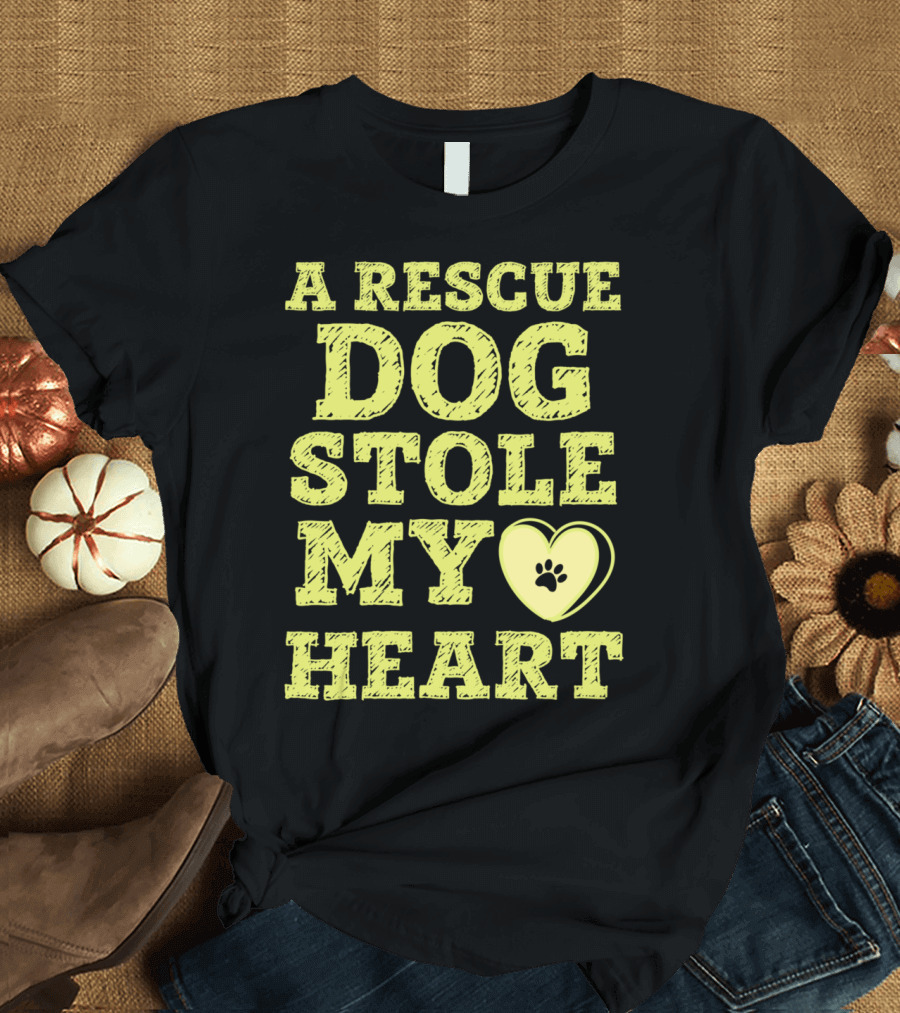 A Rescue Dog Stole My Heart with Paw Print Heart T-Shirt