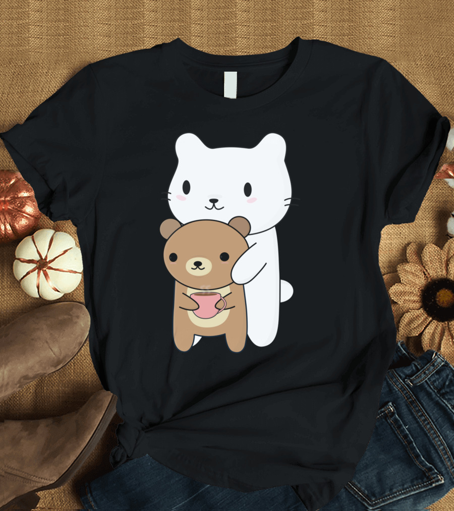Cute Cat And Kawaii Bear Hugging with Coffee Cup T-Shirt