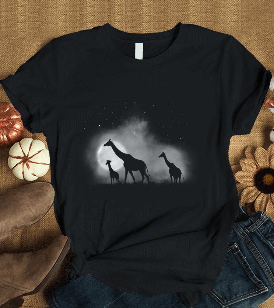 Giraffes in the Mist Under Moonlight and Stars T-Shirt