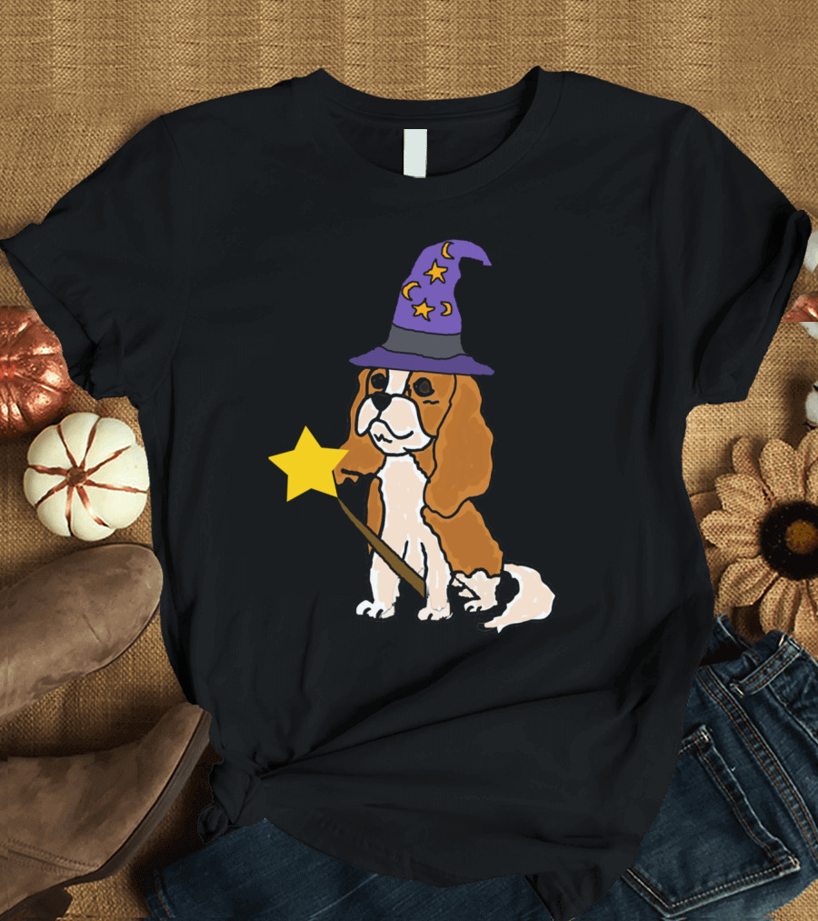 Cute Cavalier Dog Wizard Halloween Hat and Wand T-Shirt