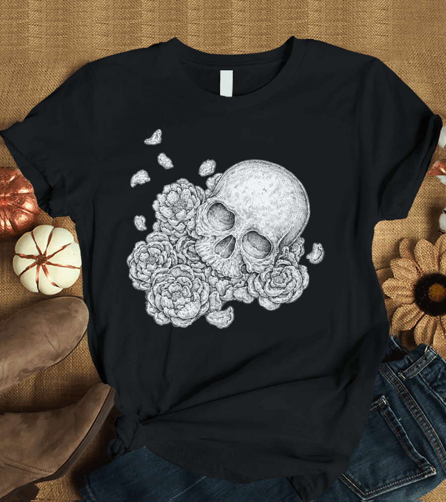 Breathing Of Life Skull and Flowers with Petals T-Shirt