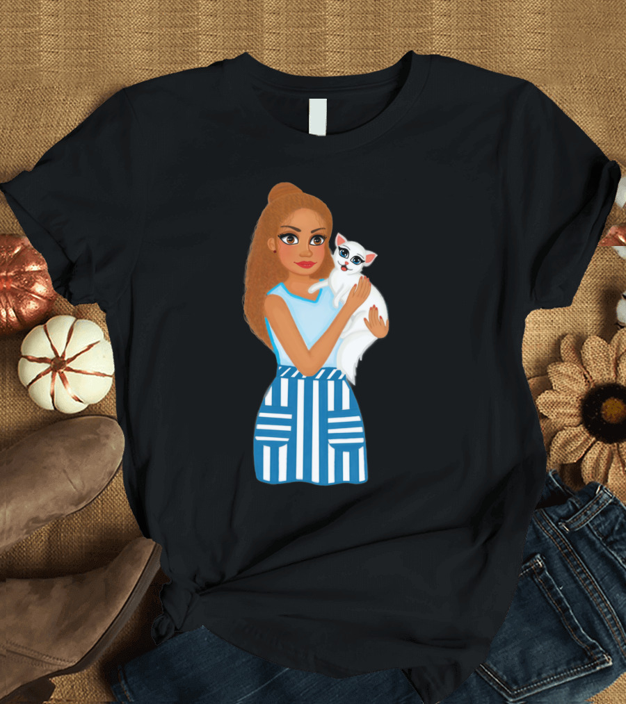 Girl Hugging White Cat With Blue Striped Skirt T-Shirt