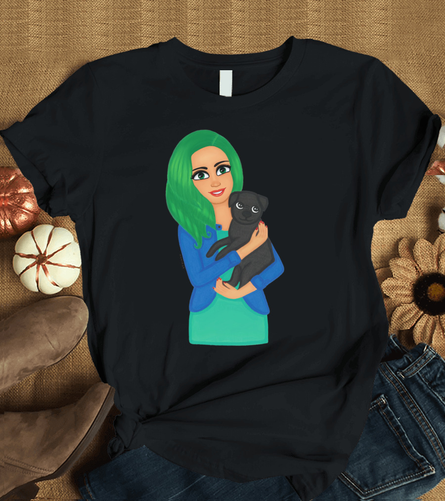 Girl with Green Hair Holding Black Dog T-Shirt