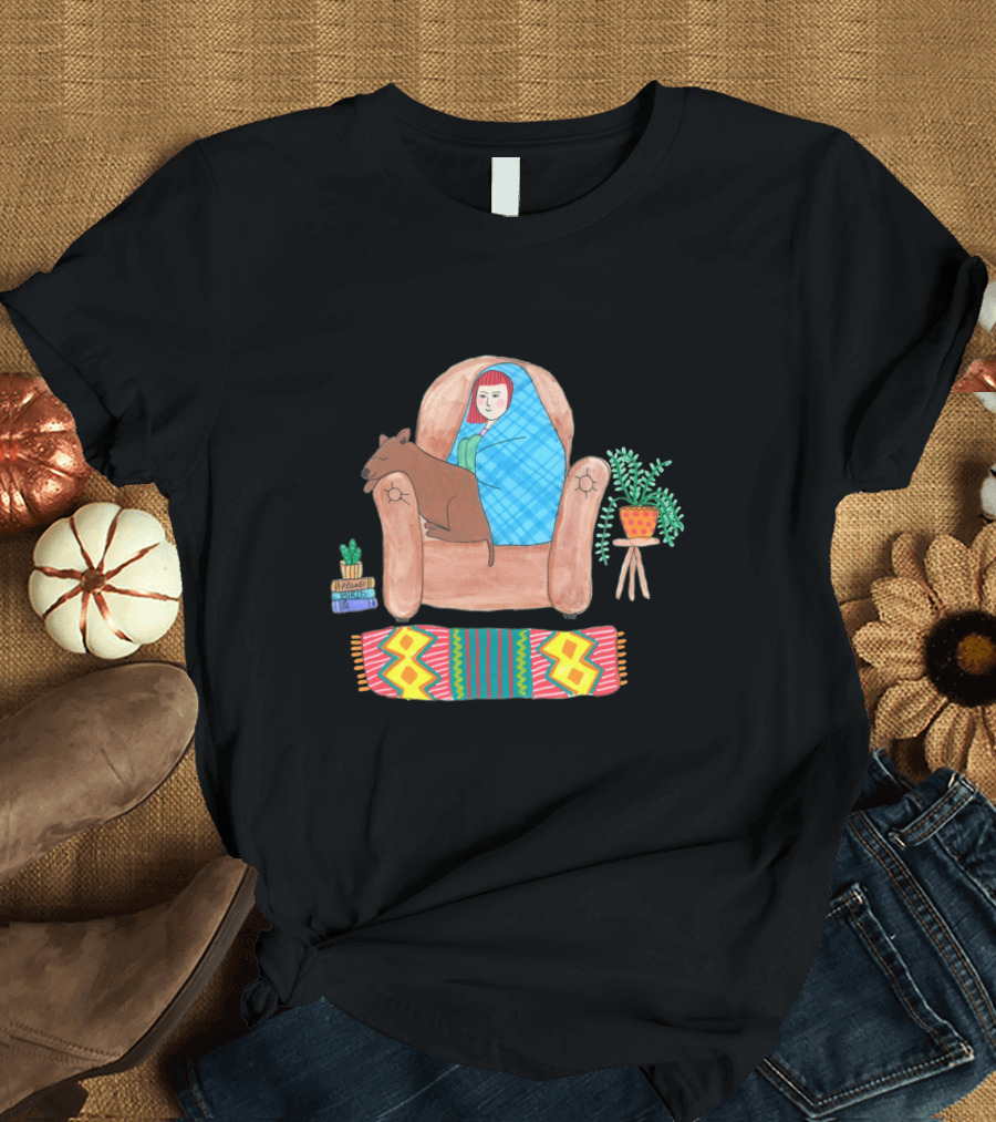 Chillin With Her Dog Cozy Armchair Blanket Bright Rug Indoor Plants T-Shirt