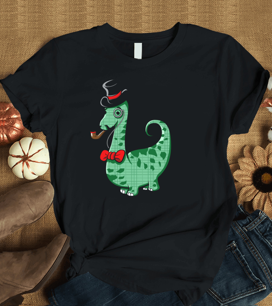 Dapper Dinosaur with Top Hat, Monocle, Red Bow Tie and Smoking Pipe T-Shirt