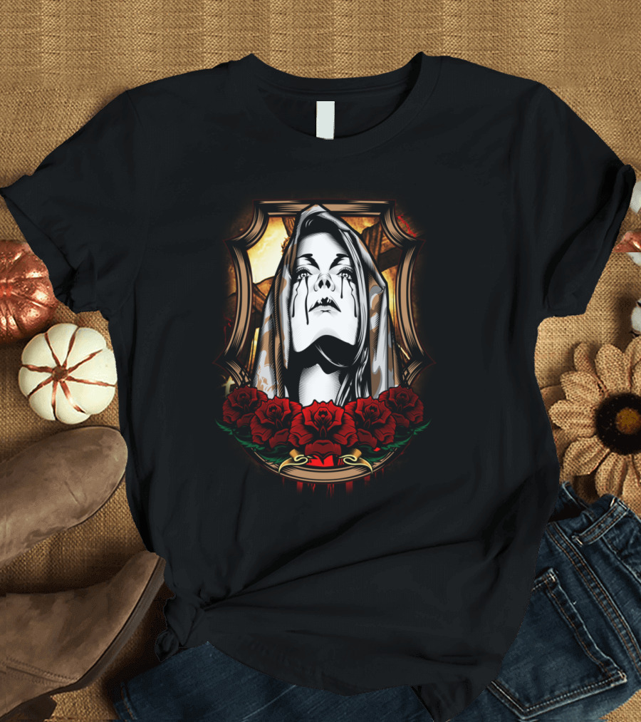 Forgive Weeping Woman with Roses and Cross Frame T-Shirt