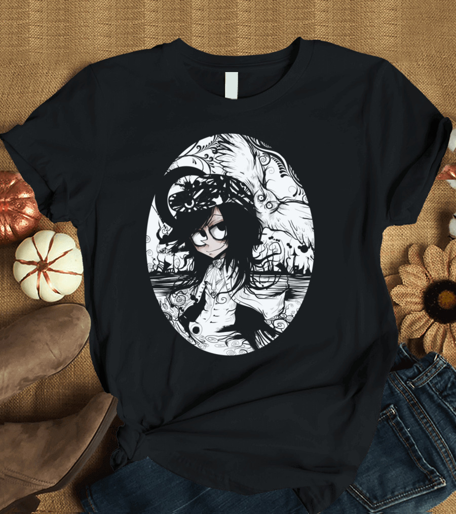Girl With Owl in Monochrome Fantasy T-Shirt