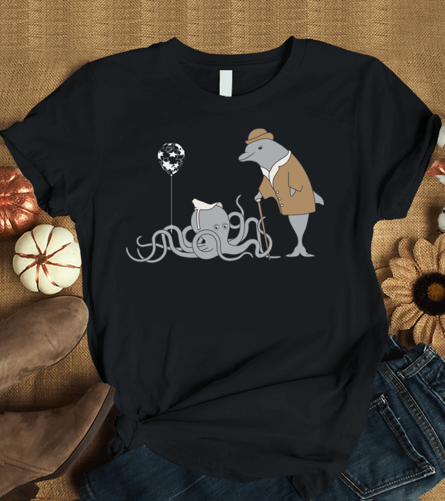 Dapper Dolphin and Bowler-Hat Octopus with Starry Balloon T-Shirt